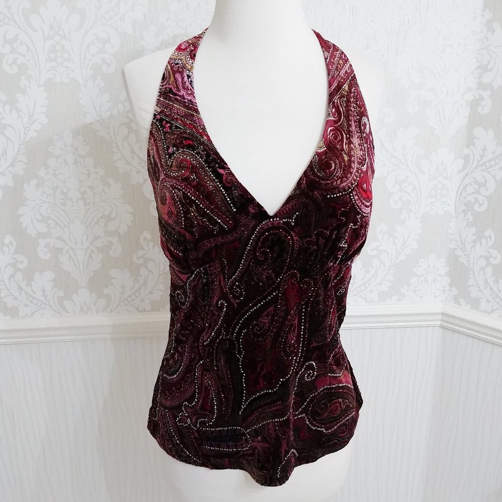 Cache Burgundy Velvet Halter Top